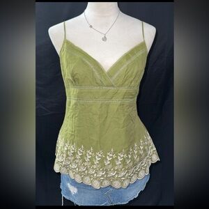 Vintage Bebe Olive Green Camisole with White Embroidery Y2K fairycore